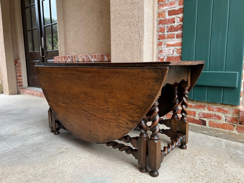Antique English Wake Dining Table Drop Leaf BARLEY TWIST Jacobean Oak Console gallery