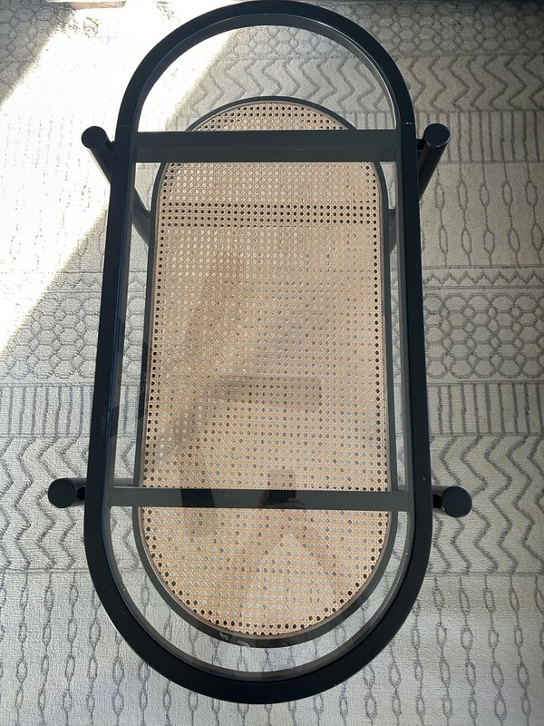 Mid-Century Modern Rattan Glass Coffee Table Oval Two-Tier Solid Wood Frame gallery