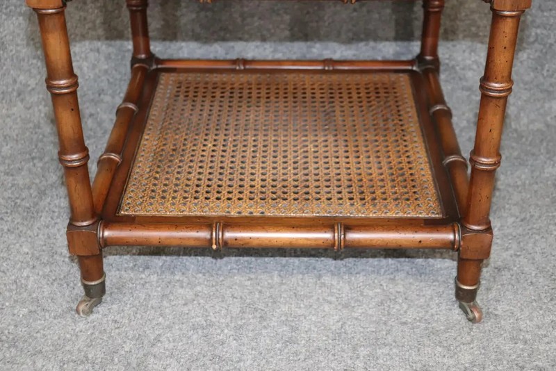 Pair of French Faux Bamboo End Side Tables with Cane Bottoms and Casters gallery