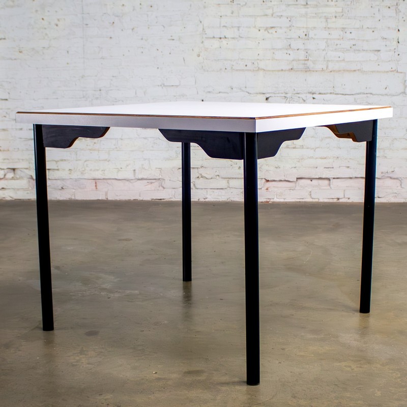 MCM to Modern Square Dining Table w/Black Steel Tube Frame & White Laminate Top gallery