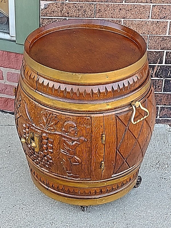 Antique Oak Wood carved Wine Liquor double door Barrel Bar accent table gallery