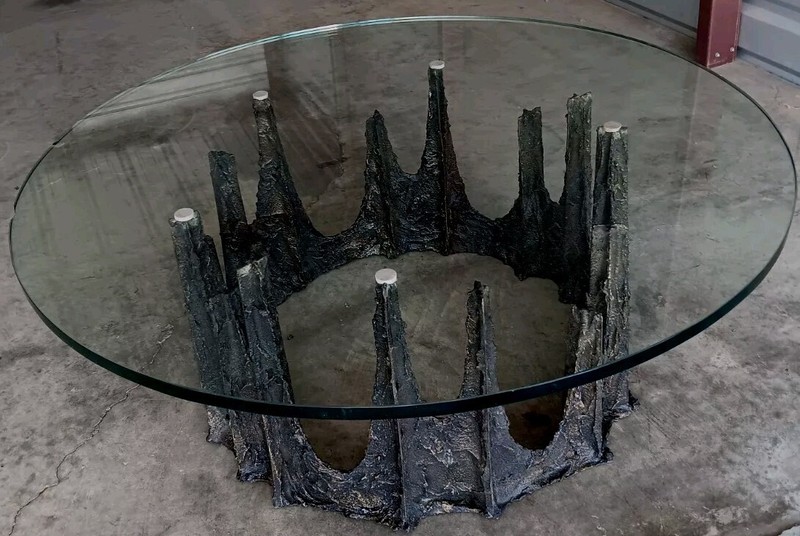 MCM BRUTALIST PAUL EVANS ABSTRACT BRONZE SCULPTURE BASE 42"GLASSTOP COFFEETABLE gallery