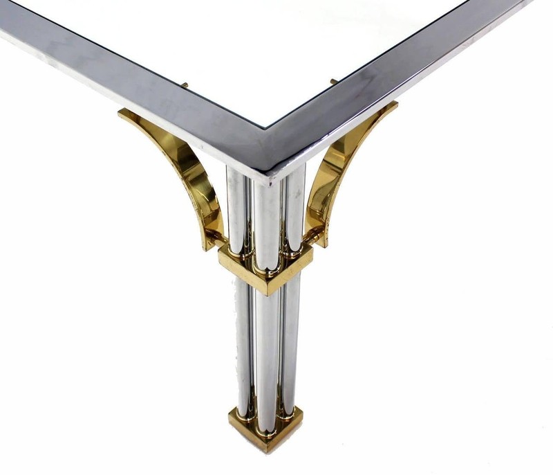 Large Square Italian Mid Century Modern Brass Chrome Glass Top Coffee Table MINT gallery