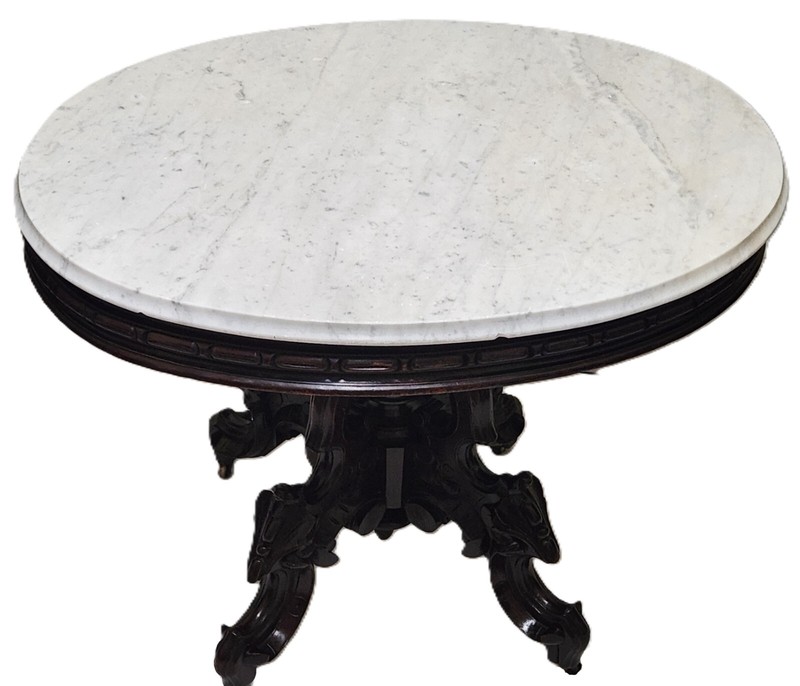 Center Parlor TABLE, Thomas Brooks NYC, Renaissance Victorian, Marble Top, 40"L gallery