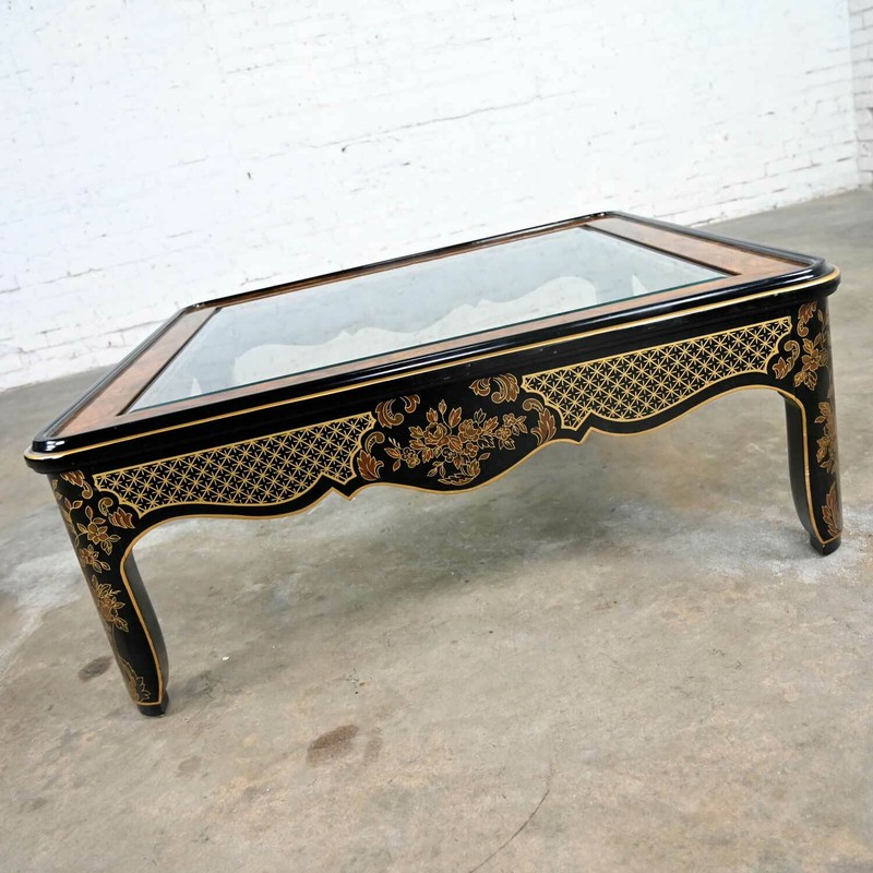 Drexel Heritage ET Cetera Collection Chinoiserie Black Gold Burl Coffee Table gallery