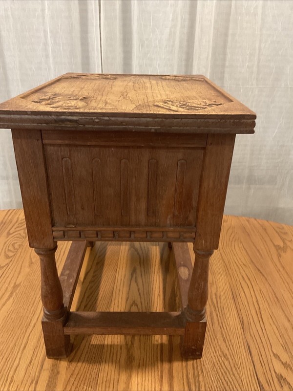 Antique Flip Top Night Stand Side Table Box Hand Carved Wood Folk Art Elephants gallery