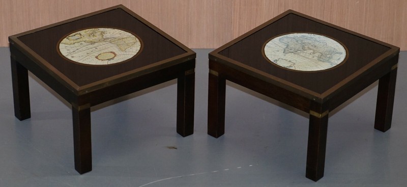 STUNNING COFFEE & SIDE TABLE NEST OF TABLES MILITARY CAMPAIGN WITH WORLD MAPS gallery