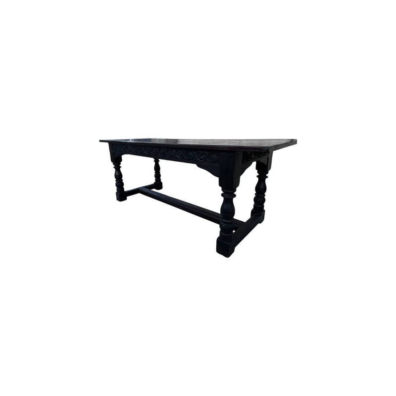 19th Century English Oak Refectory Dining Table with Carved Apron / Turned legs
