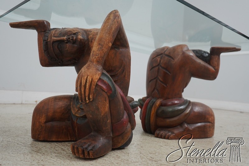 F63878EC: Asian Figural Carved Base Glass Top Coffee Table gallery
