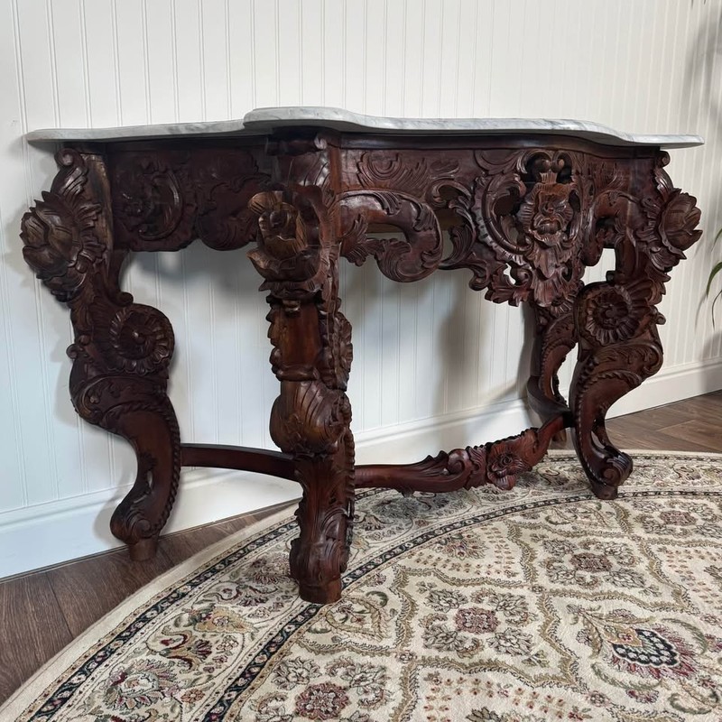 Vintage Hand-Carved Rococo Revival Marble Console & Mirror Set gallery