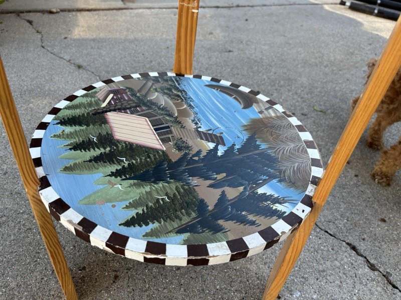 Wilderness Handpainted Scene Round 2 Tier Side Table w/ Oar Paddle Legs - Cabin gallery
