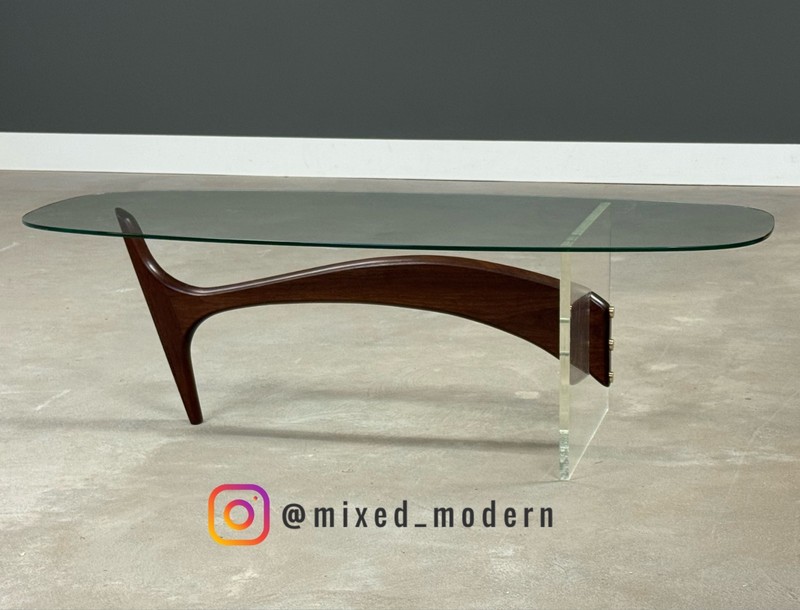 Refinished Vladimir Kagan Style Walnut Lucite and Glass Coffee Table