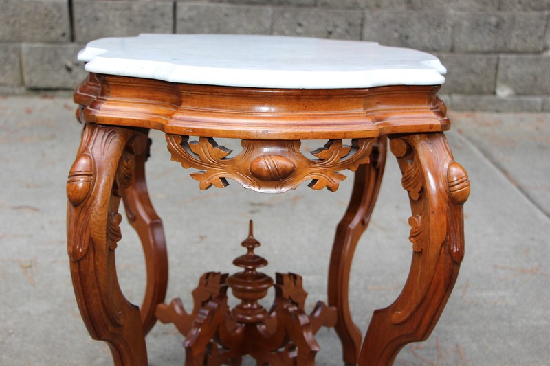 Superb Victorian Rococo Turtle Marble Top Table with Egg Carved Legs and Aprons gallery