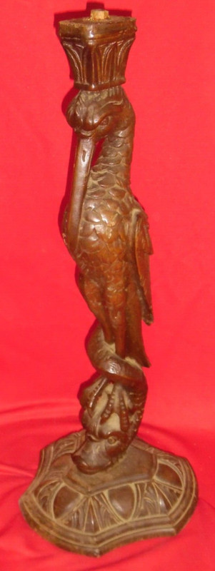 Antique Carved Wood Table / Stand Pedestal Base w/ Pelican Bird & Fish - 25" gallery