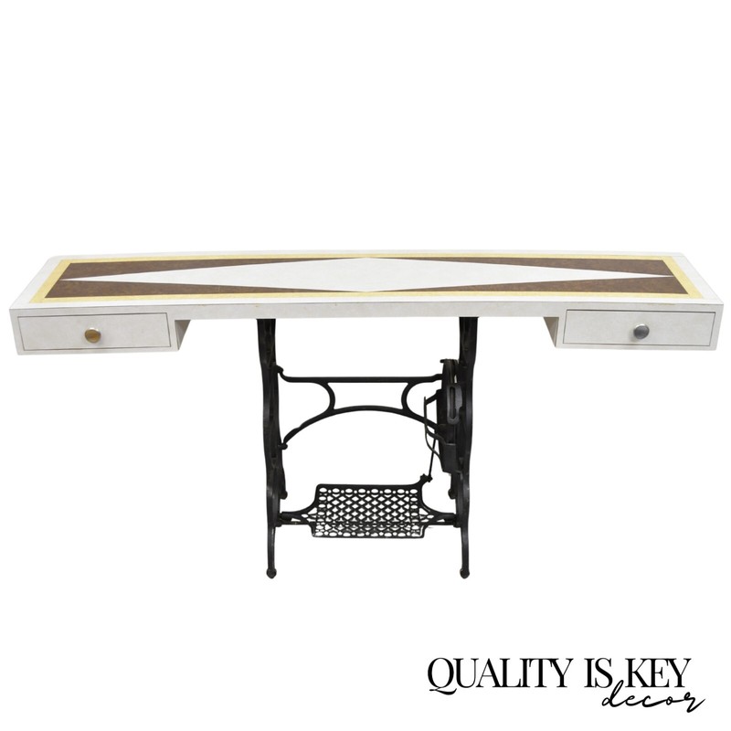 Vintage Mid Century Modern 65″ Long Console Table w/ Iron Sewing Machine Base