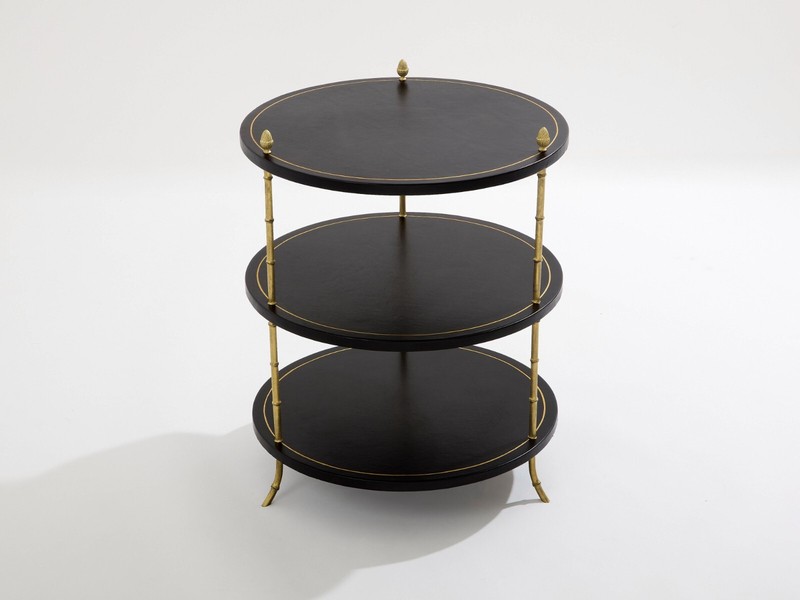 Maison Jansen three-tier gueridon table bronze black leather 1970s