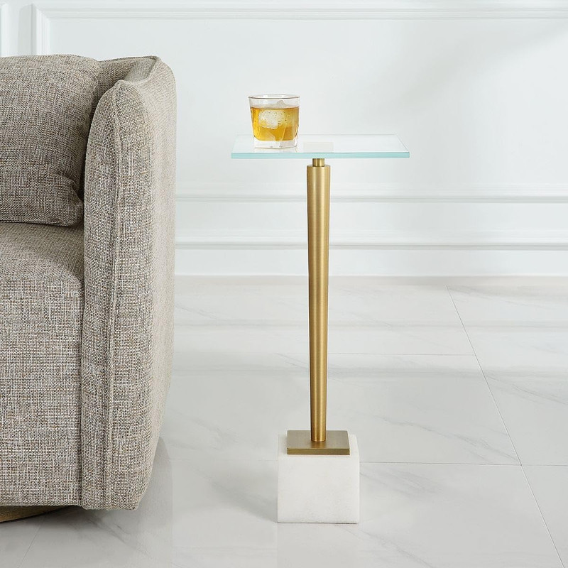 Miri Brass Accent Table with Tempered Glass Top and Marble Base - 25" H gallery