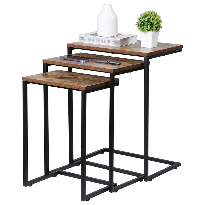 C-Shaped End Table Sofa Side Table Tray Sturdy Wooden Table For Home Set of 3