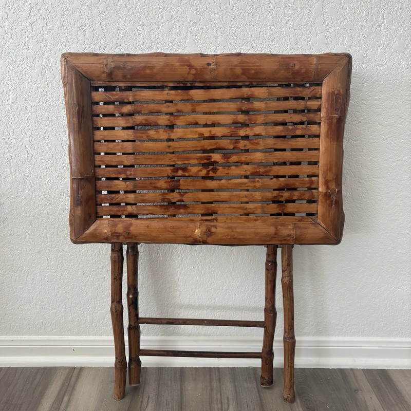 Vintage Tortoise Shell Burnt Bamboo Folding Table: Mid-Century Accent Table gallery