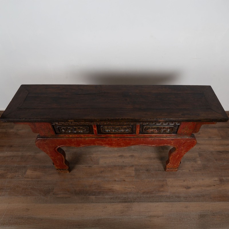 19th Century Chinese Red Altar Console Table with Carved Drawers gallery