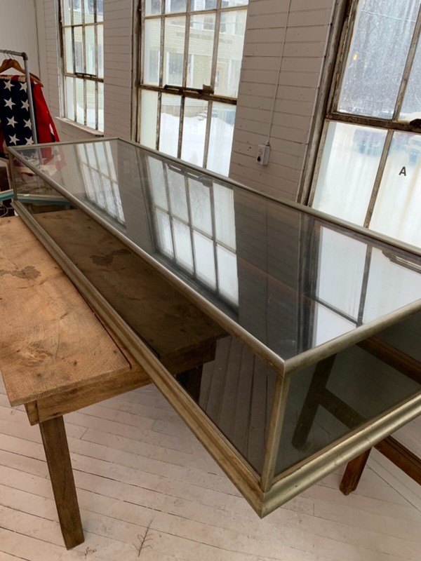 WOW vintage Quartersawn oak gothic table w Nickel glass case c1880 103” x 34” gallery
