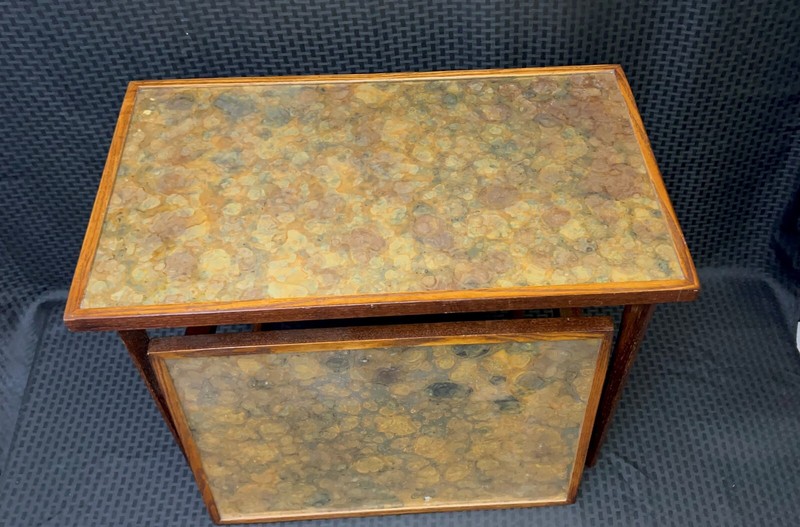 MCM Hollywood Regency Gold Agate Laminate top wood stacking tables Vintage RARE gallery