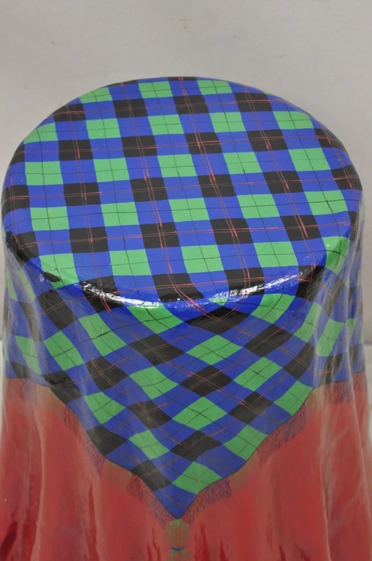 Vintage Paper Mache Red Blue Green Tartan Painted "Tablecloth" Drape Side Table gallery