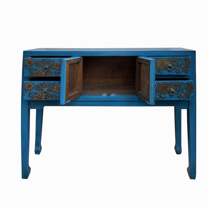 Blue Lacquer Golden Flower Graphic Drawers Slim Foyer Side Table cs7732 gallery