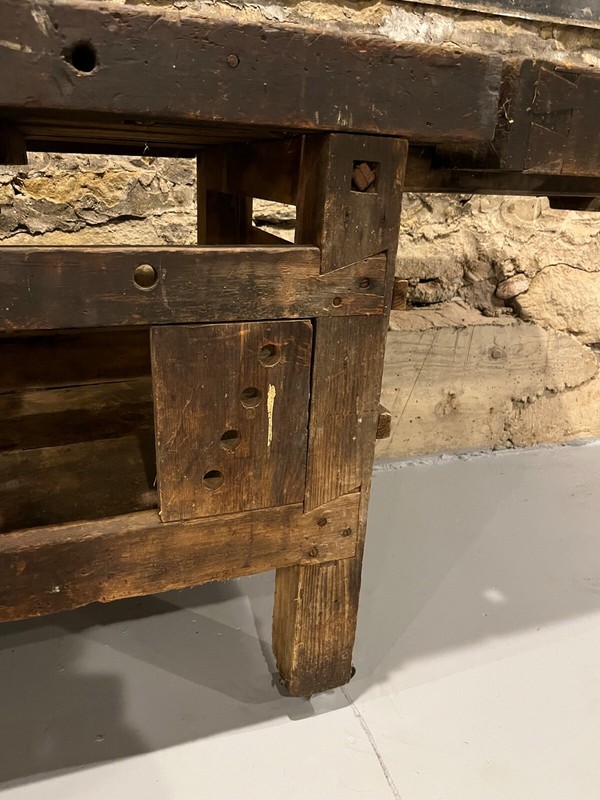 Large Antique Workbench Table With Drawer Wood Working Bench With Vise gallery