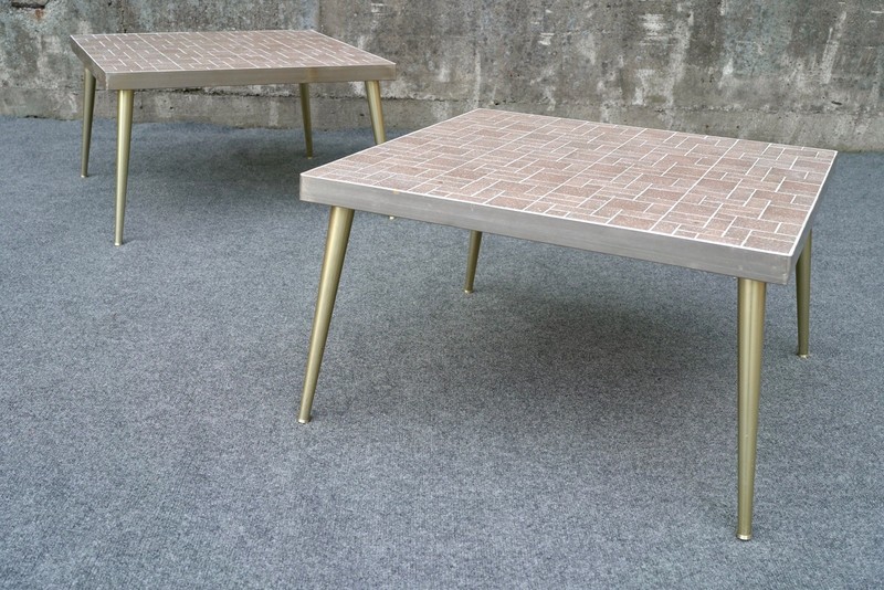 Pair of Mid Century Modern Mosaic Tile Top Tables Gold Anodized Aluminum – 26″