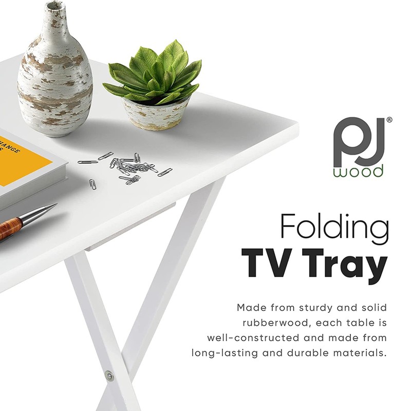 PJ Wood Solid Wood Compact Folding TV Tray and Snack Tables, White, 2 Piece Set gallery