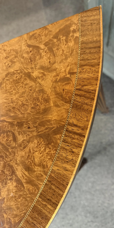 Adam Style Burled Walnut Demilune Table or Console with Banding & Ribbon Swags gallery