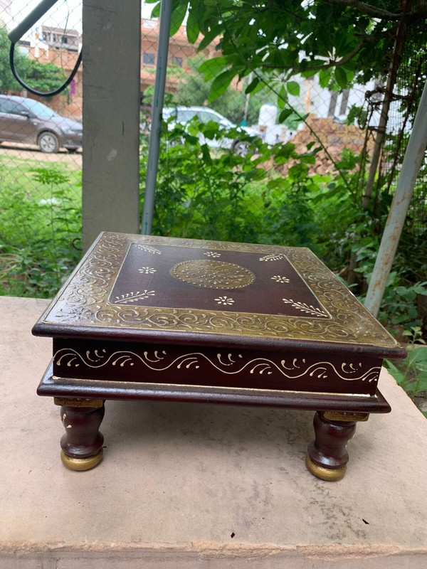 Indian Crafted Wooden Bajot Handmade Chowki Traditional Pooja Stool Home Decor gallery