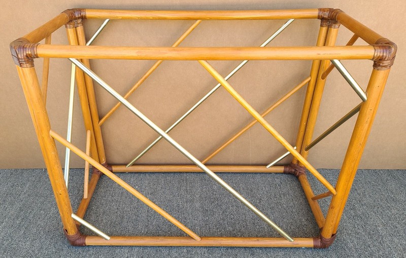 Vintage MCM Bamboo Rattan Brass & Glass Console Sofa Entryway Table gallery