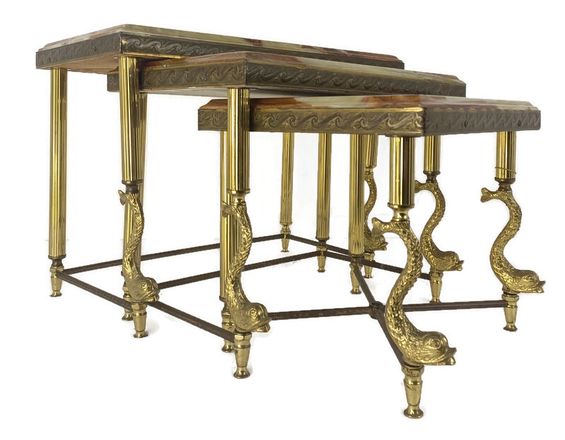set of 3 nesting stacking tables Hollywood regency Ornate brass Fish Marble tops