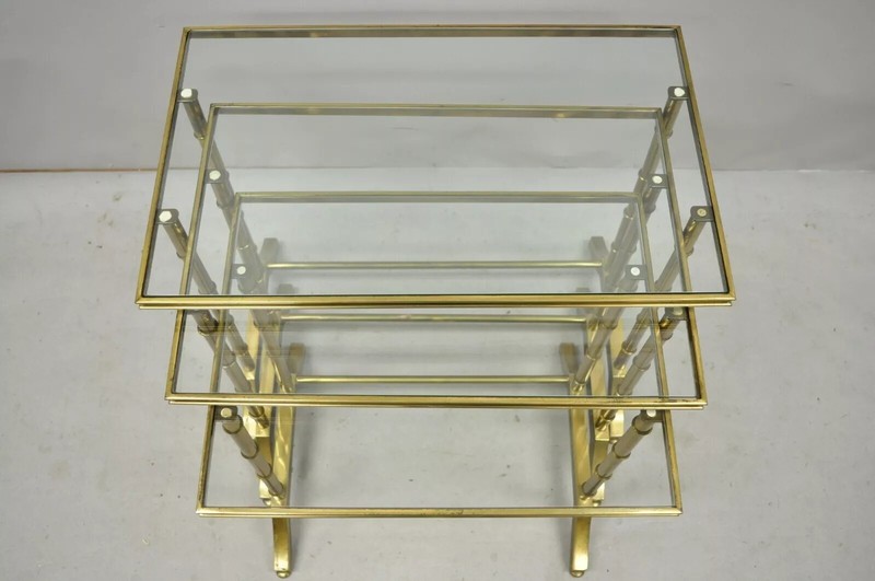 Mastercraft Hollywood Regency Brass Faux Bamboo Glass Top Nesting Side Tables gallery