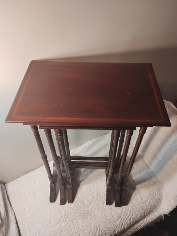 Antique Mahogany Inlaid Wood 3 Nesting Tables Orig Finish Lg Table 24"T 16"L 11" gallery