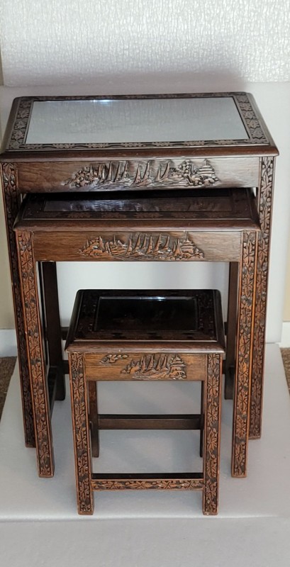 VINTAGE ASIAN HANDCARVED WOODEN S 3 NESTING TABLES 25x20x14 22x17x13 16x11x9 gallery
