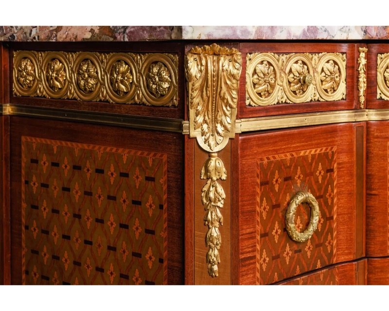 French Louis XVI Style Ormolu-Mounted Marquetry and Parquetry Commode gallery
