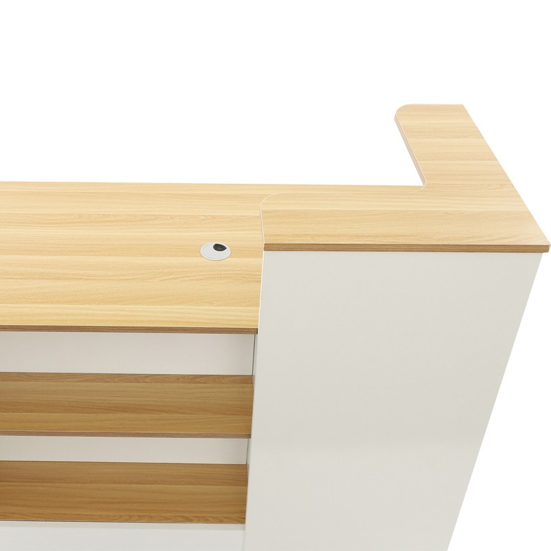 Modern Reception Desk w/Locking Drawer, Open Shelves White+Natural Finish 47.2in gallery