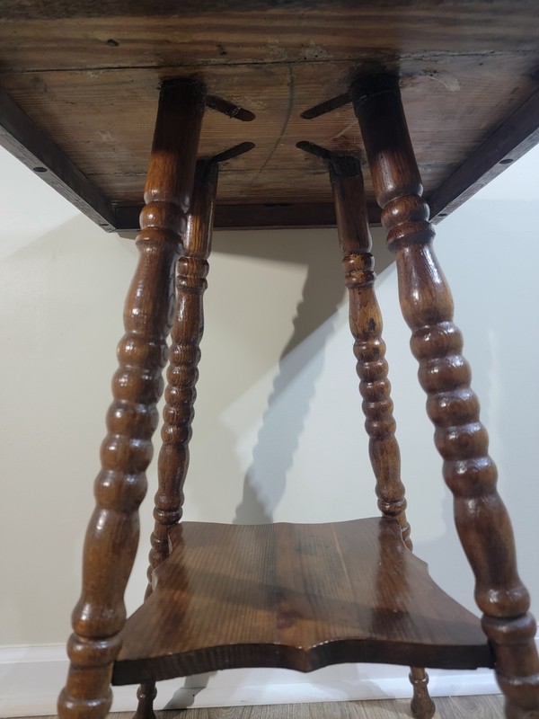 Antique Rustic Oak Victorian Turned Spool Leg 2 Tier Table gallery