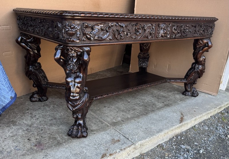 R. J. HORNER CARVED OAK ATLAS LIBRARY TABLE