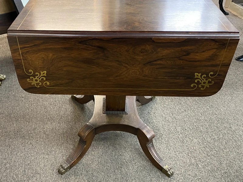 English Regency Rosewood Drop Leaf Center Table with Brass Inlay gallery