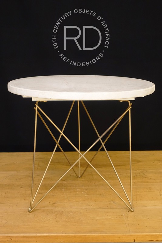 VINTAGE 18″ TRAVERTINE MARBLE TABLE TOP EIFFEL EAMES TRIPOD WIRE BASE 1950 ITALY
