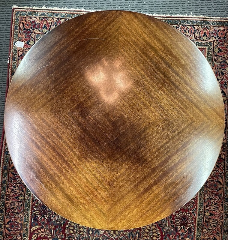 Vintage Empire Revival Bookmatched Veneer Harp Base Center Table gallery
