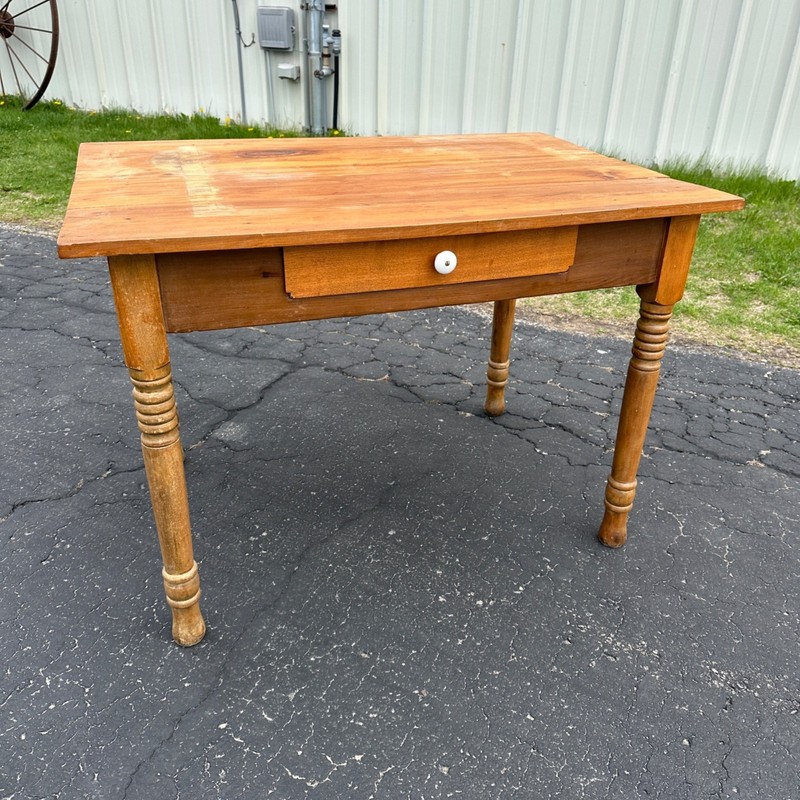 Antique Primitive Pine Wooden Table w/ Single Drawer gallery