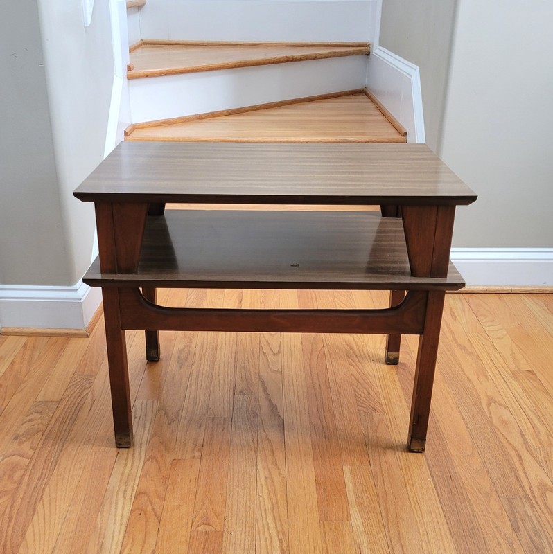 Vintage MCM Two Tiered Side/End Table Walnut Base Formica/Laminate Tops Unique! gallery