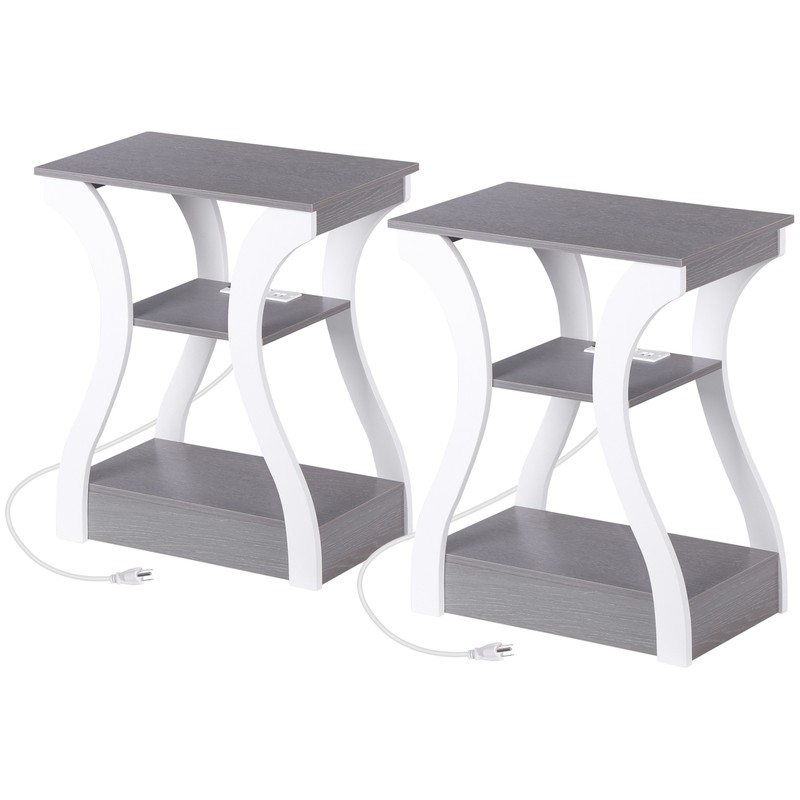 Set of 2 End Tables w/Charging Station 3 Tier Side Table Nightstand Grey+White