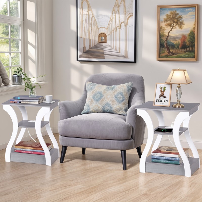 2 PCS End Table Side Table w/ Charging Station Nightstand Living Room Furniture gallery