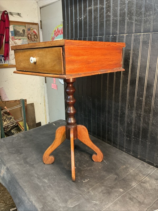 Antique Wooden Pedestal Side Table with Drawer 26”tall 15x15 Table Top Free Ship gallery